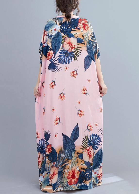 Chic v neck Batwing Sleeve dresses Wardrobes pink print long Dress - SooLinen