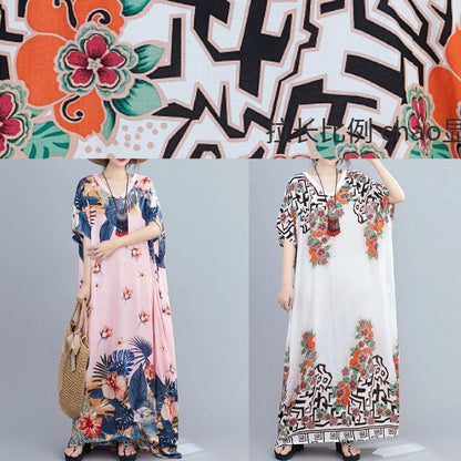 Chic v neck Batwing Sleeve dresses Wardrobes pink print long Dress - SooLinen