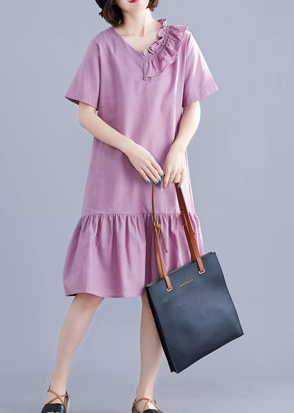 Chic v neck Ruffles linen Long Shirts Outfits purple Dresses summer - SooLinen