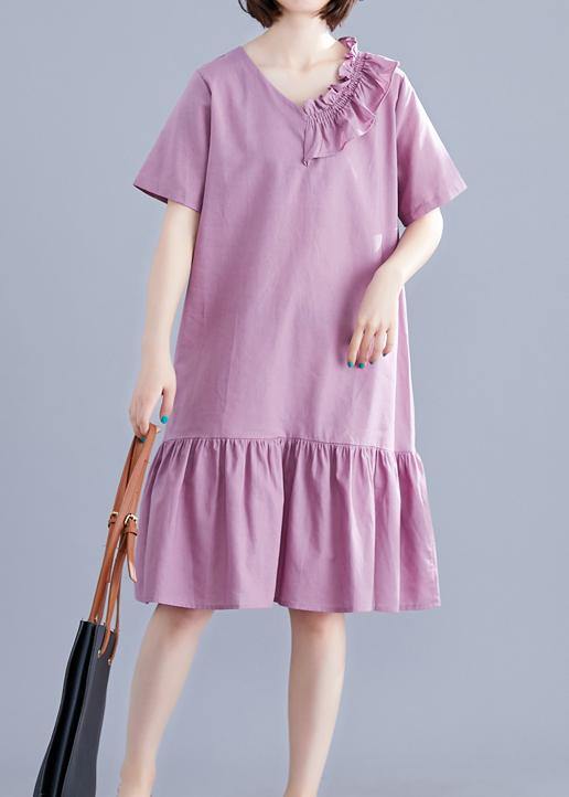 Chic v neck Ruffles linen Long Shirts Outfits purple Dresses summer - SooLinen