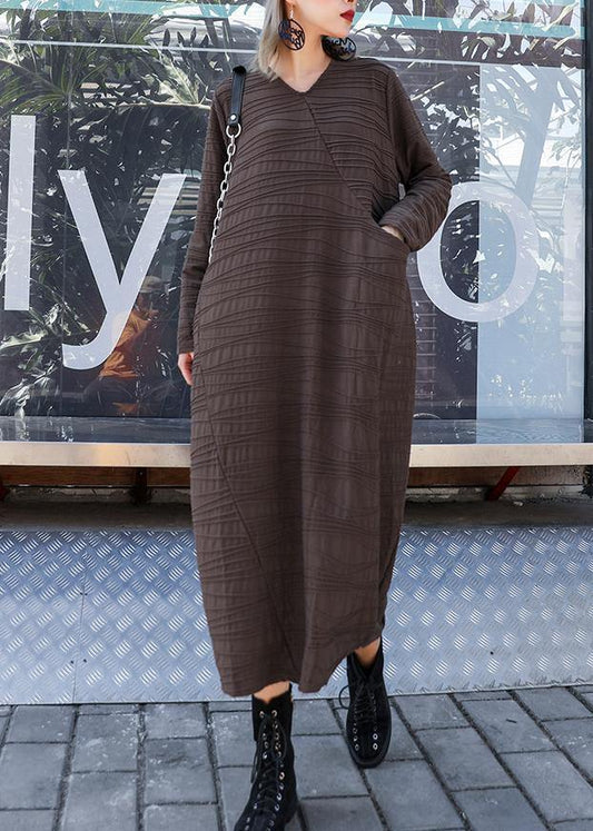 Chic v neck patchwork cotton clothes Sleeve chocolate Dresses - SooLinen