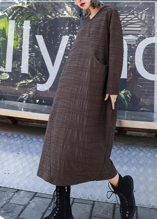 Chic v neck patchwork cotton clothes Sleeve chocolate Dresses - SooLinen