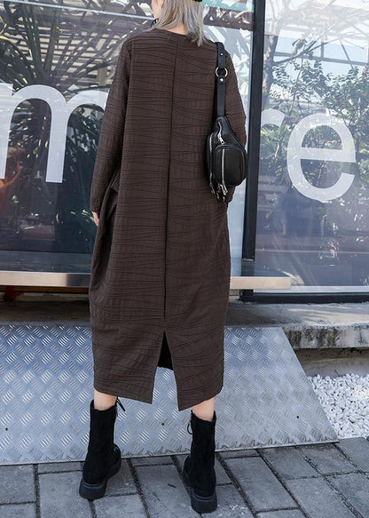 Chic v neck patchwork cotton clothes Sleeve chocolate Dresses - SooLinen