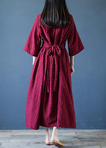 Chic v neck tie waist linen clothes For Women Runway burgundy Dress - SooLinen