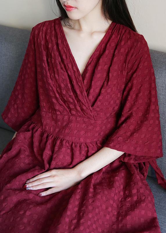 Chic v neck tie waist linen clothes For Women Runway burgundy Dress - SooLinen