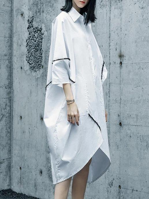 Chic white Cotton tunics for women lapel asymmetric daily shirt Dresses - SooLinen