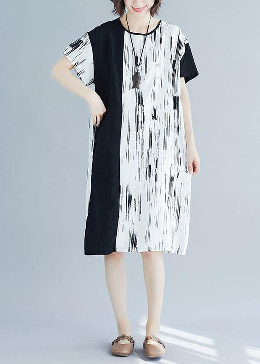 Chic white patchwork linen quilting clothes o neck Midi summer Dress - SooLinen