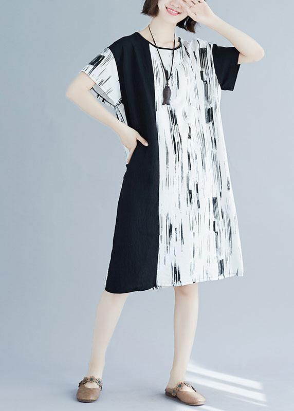 Chic white patchwork linen quilting clothes o neck Midi summer Dress - SooLinen