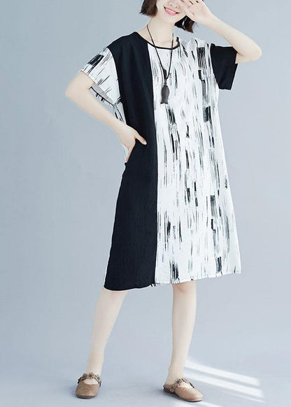 Chic white patchwork linen quilting clothes o neck Midi summer Dress - SooLinen