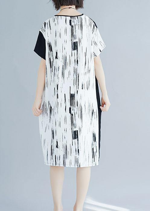 Chic white patchwork linen quilting clothes o neck Midi summer Dress - SooLinen