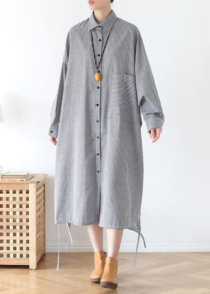 Chic white striped outfit lapel Batwing Sleeve Art fall  Dress - SooLinen