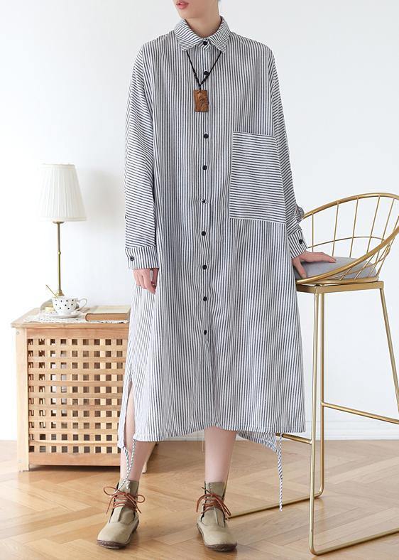 Chic white striped outfit lapel Batwing Sleeve Art fall  Dress - SooLinen