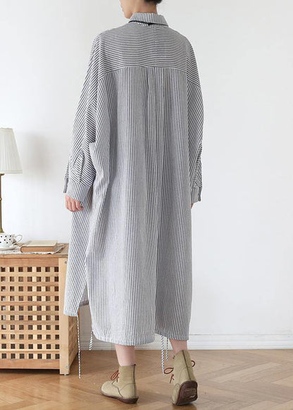 Chic white striped outfit lapel Batwing Sleeve Art fall  Dress - SooLinen