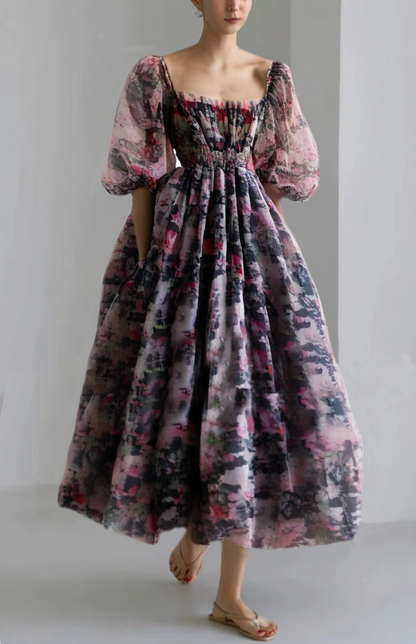 Grace Black Square Collar Print Tulle Patchwork Tunic Mid Dress Short Sleeve