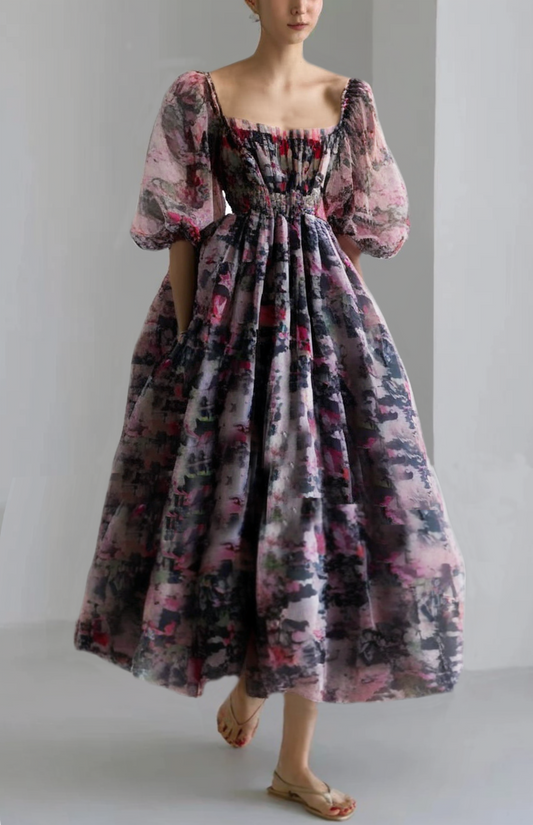 Grace Black Square Collar Print Tulle Patchwork Tunic Mid Dress Short Sleeve