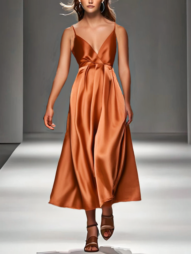 Grace Orange V Neck Patchwork Silk Slip Maxi Dress Summer