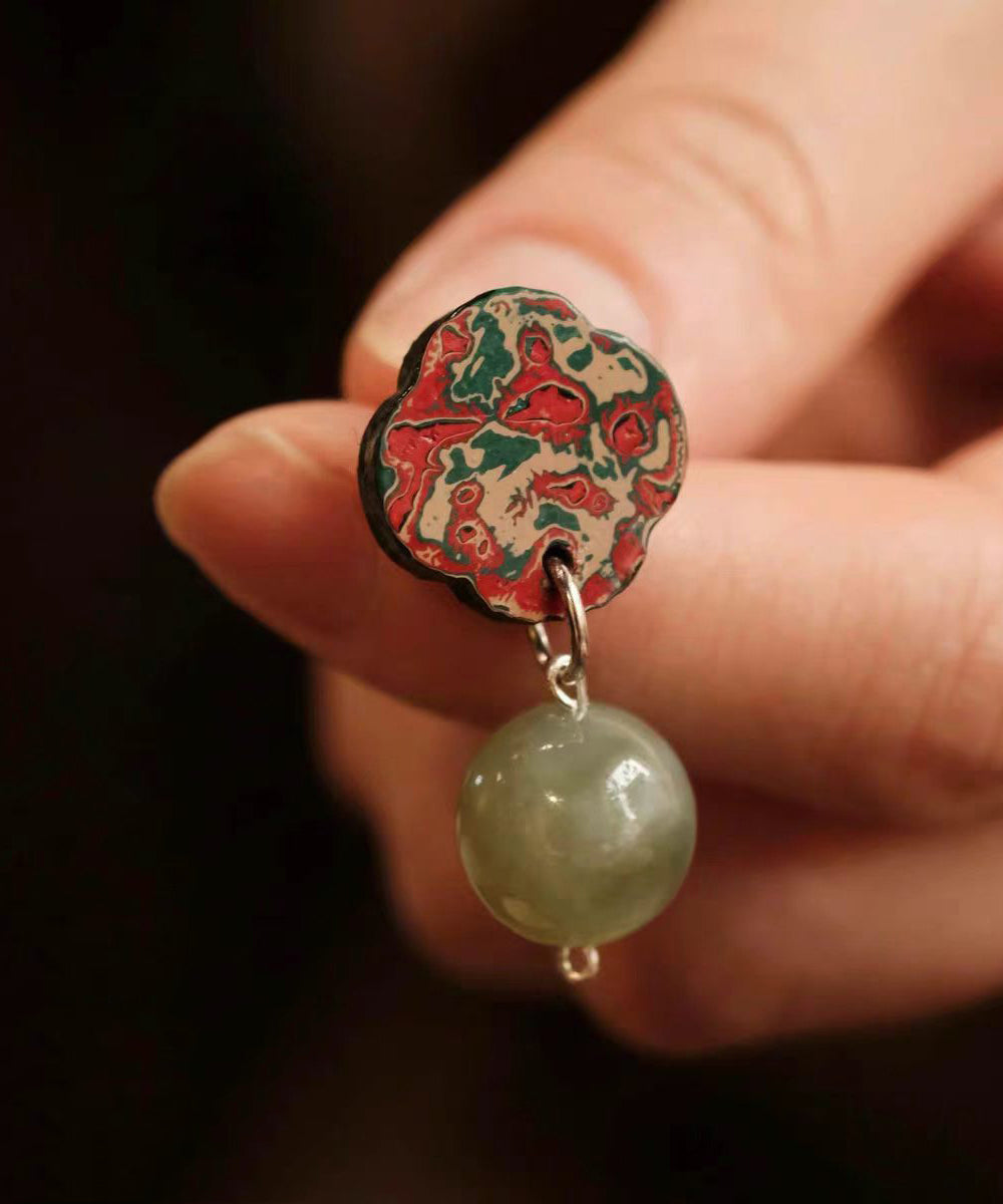 Chinese Style Alloy Imitation Hetian Jade Plum-Blossom Drop Earrings