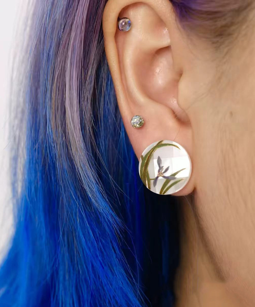 Chinese Style Alloy Imitation Shell Round Orchid Stud Earrings