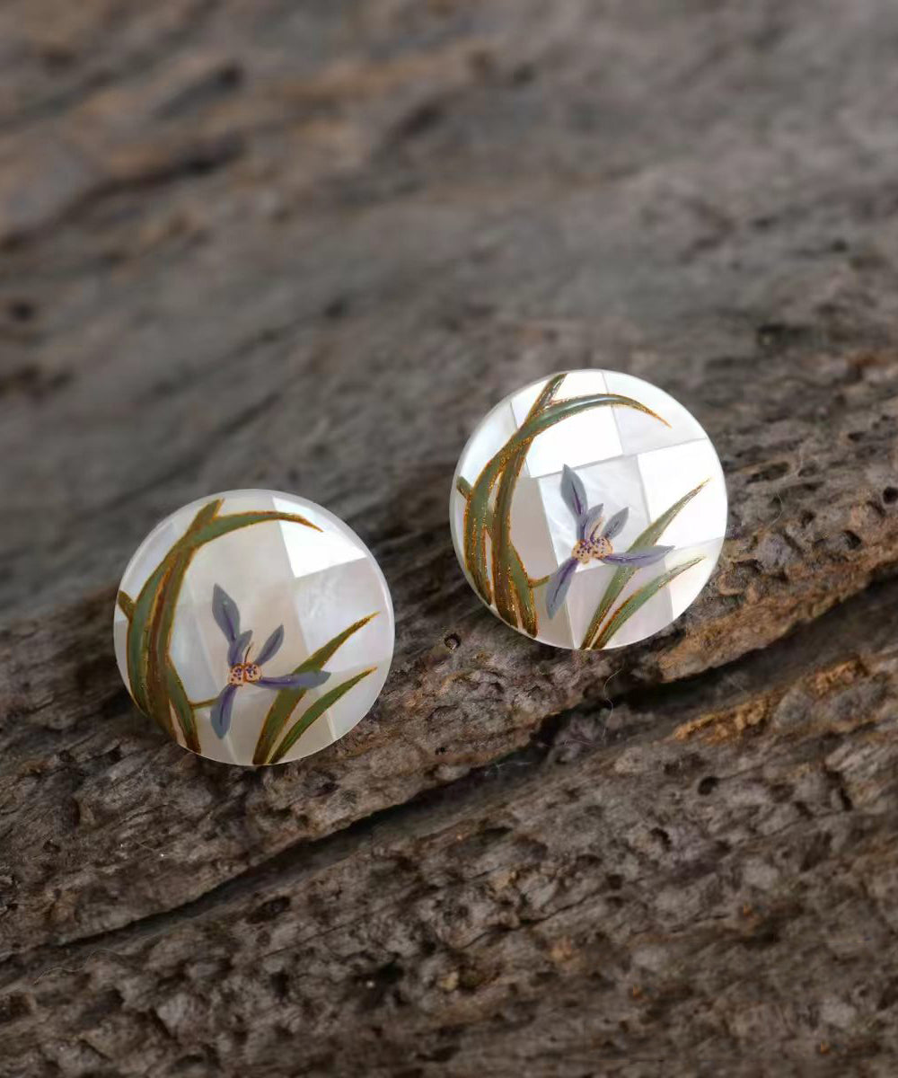 Chinese Style Alloy Imitation Shell Round Orchid Stud Earrings