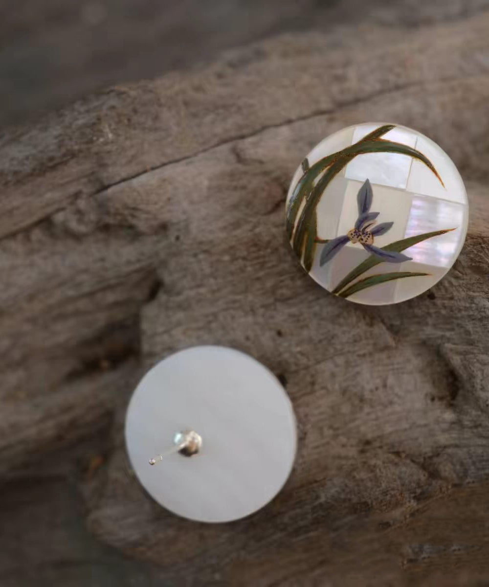 Chinese Style Alloy Imitation Shell Round Orchid Stud Earrings