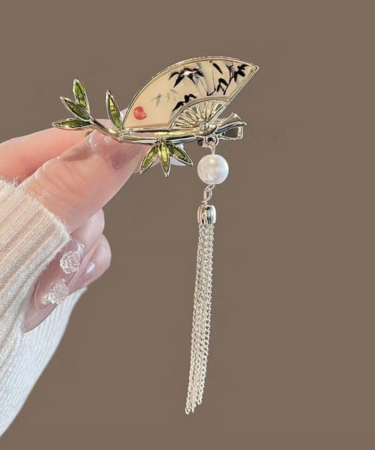 Chinese Style Alloy Pearl Bamboo Leaf Fan-Shaped Tassel Hairpin