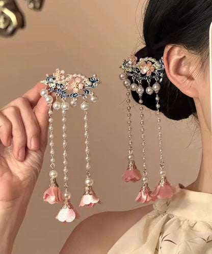 Chinese Style Alloy Pearl Floral Tassel Single Hairpin