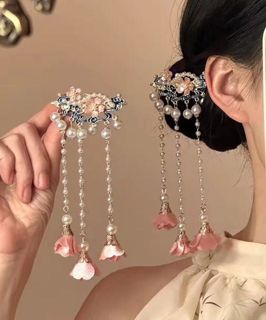 Chinese Style Alloy Pearl Floral Tassel Single Hairpin