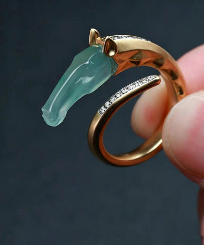 Chinese Style Alloy Zircon Imitation Jadeite Dragon Horse Open Rings