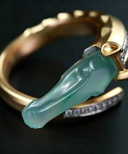 Chinese Style Alloy Zircon Imitation Jadeite Dragon Horse Open Rings