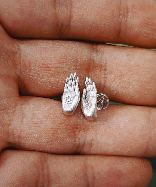 Chinese Style Ancient Method Silver Gold-Plated Fearless Buddha's Seal Stud Earrings