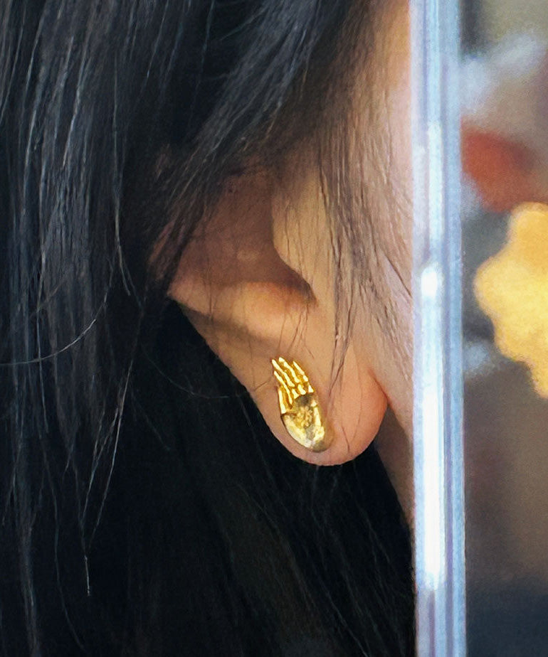 Chinese Style Ancient Method Silver Gold-Plated Fearless Buddha's Seal Stud Earrings