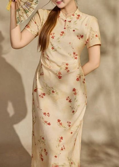 Chinese Style Apricot Print Cotton Long Dresses Summer