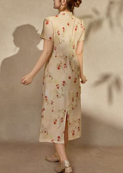 Chinese Style Apricot Print Cotton Long Dresses Summer