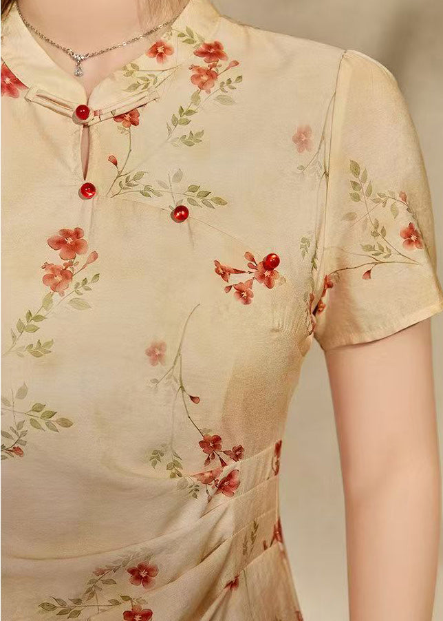 Chinese Style Apricot Print Cotton Long Dresses Summer
