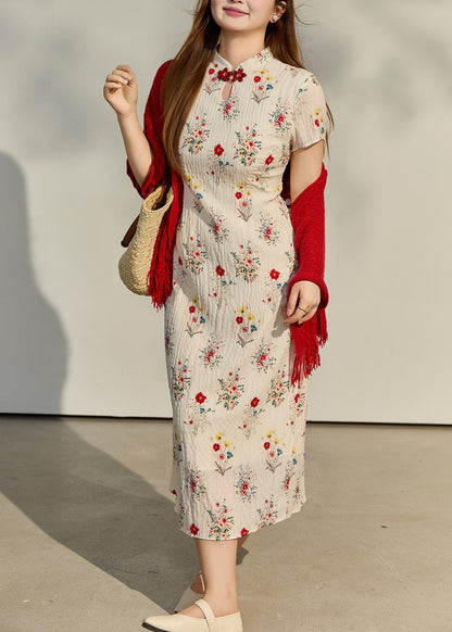 Chinese Style Apricot Print Wrinkled Chiffon Long Dresses Summer