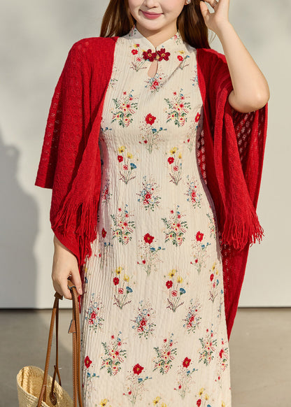 Chinese Style Apricot Print Wrinkled Chiffon Long Dresses Summer