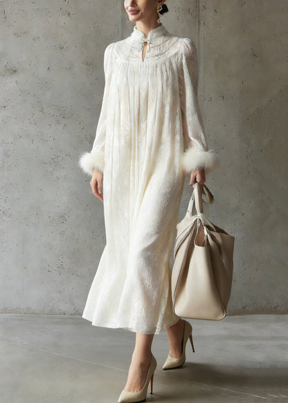 Chinese Style Apricot Wrinkled Fur Patchwork Lace Dress Spring