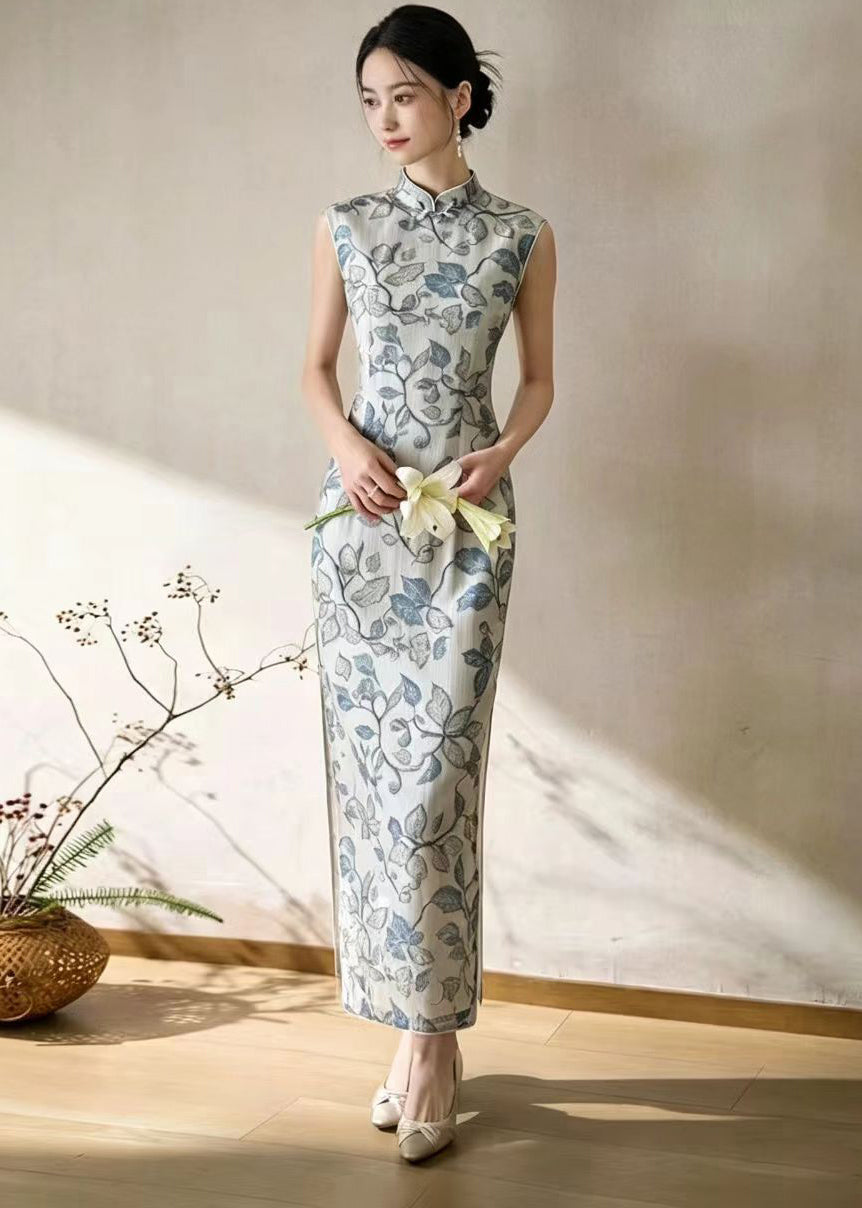 Chinese Style Beige Grey Stand Collar Print Holiday Dress Sleeveless