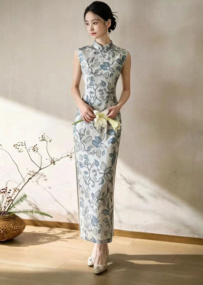 Chinese Style Beige Grey Stand Collar Print Holiday Dress Sleeveless