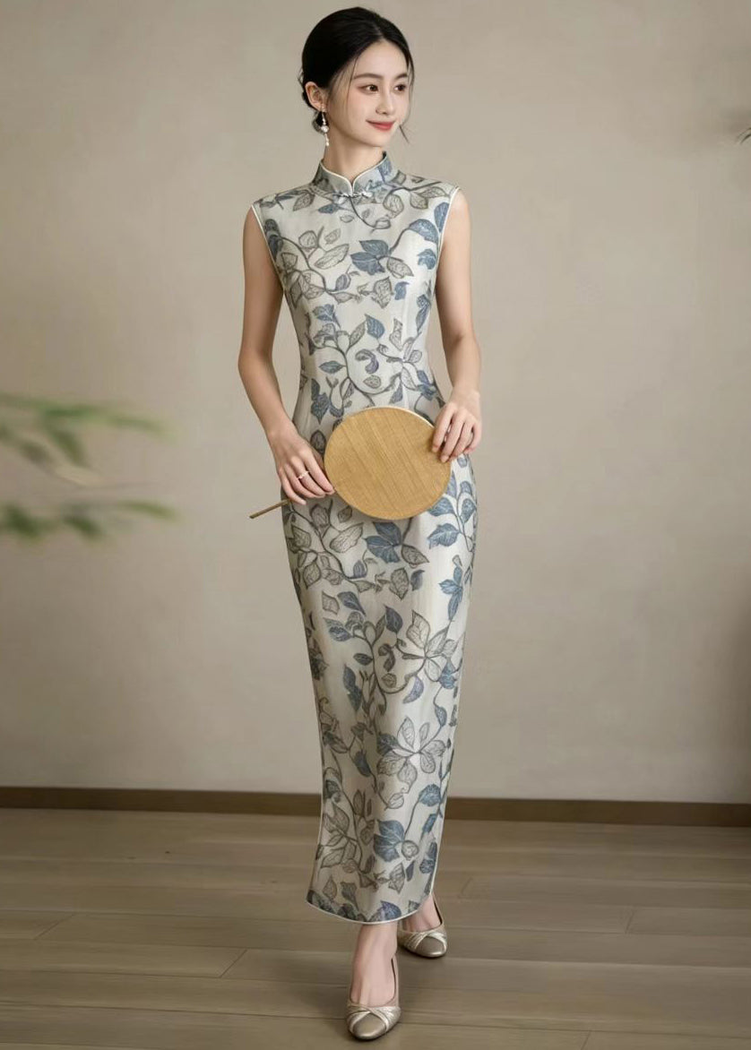 Chinese Style Beige Grey Stand Collar Print Holiday Dress Sleeveless