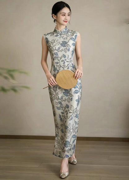 Chinese Style Beige Grey Stand Collar Print Holiday Dress Sleeveless