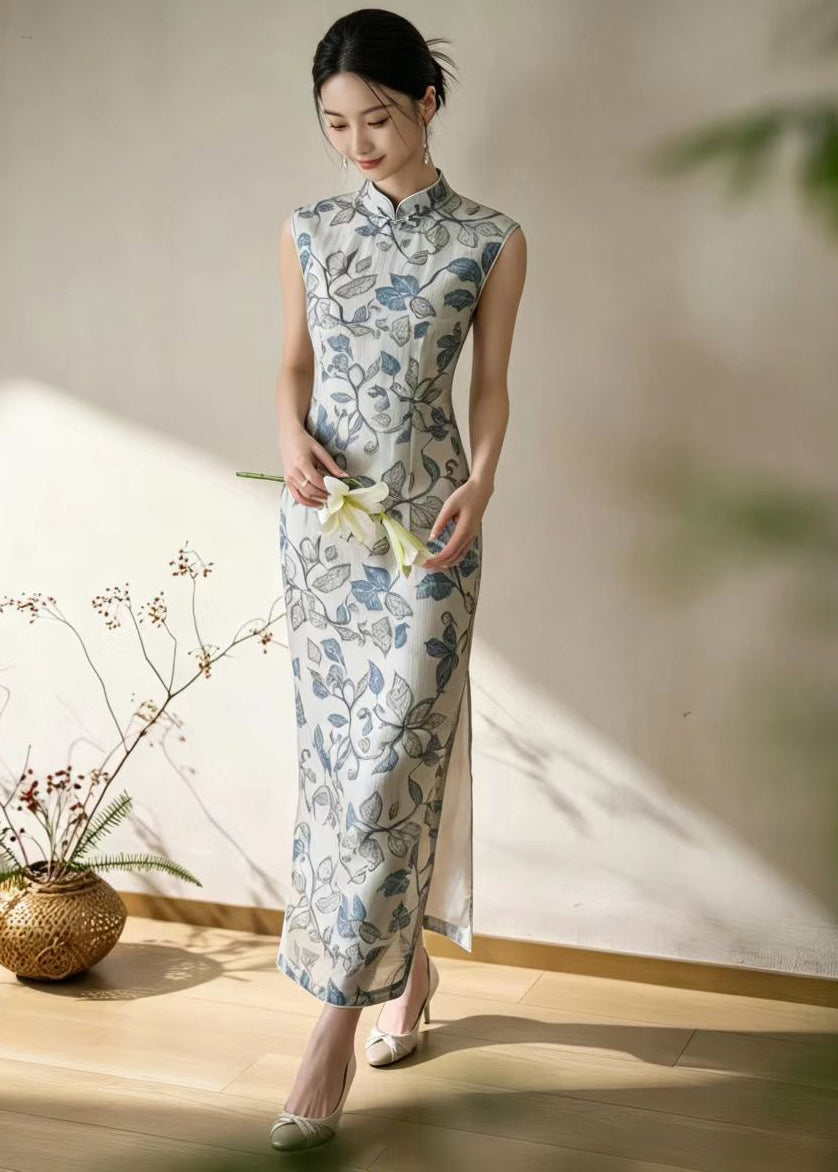 Chinese Style Beige Grey Stand Collar Print Holiday Dress Sleeveless