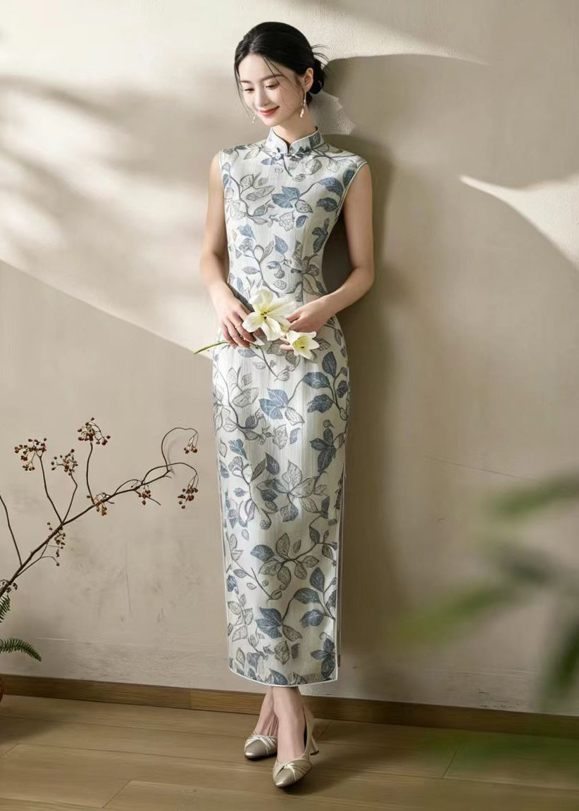 Chinese Style Beige Grey Stand Collar Print Holiday Dress Sleeveless