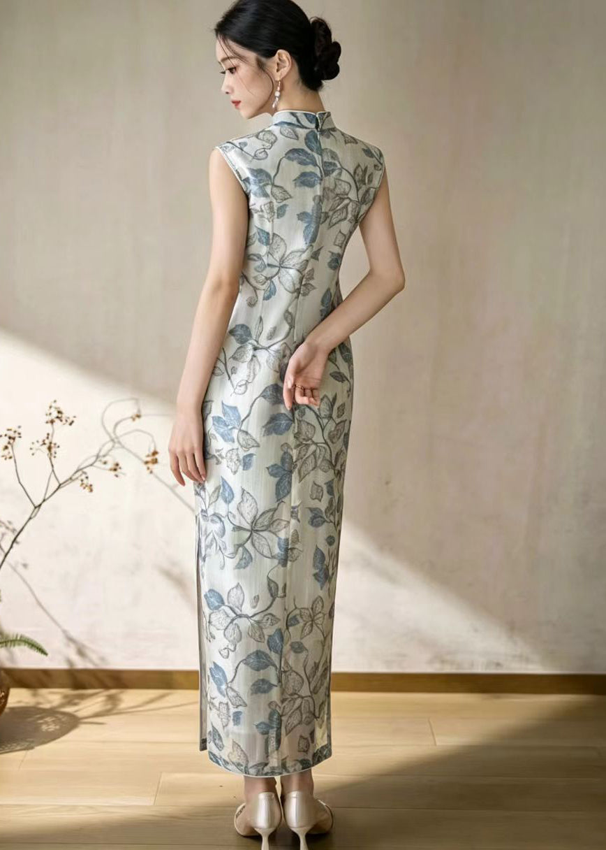 Chinese Style Beige Grey Stand Collar Print Holiday Dress Sleeveless