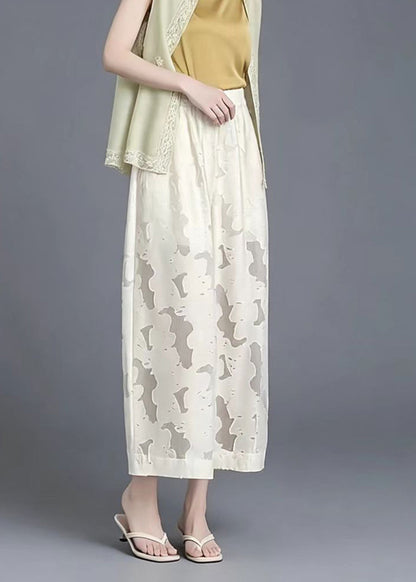 Chinese Style Beige Hollow Out Wide Leg Crop Pants Summer