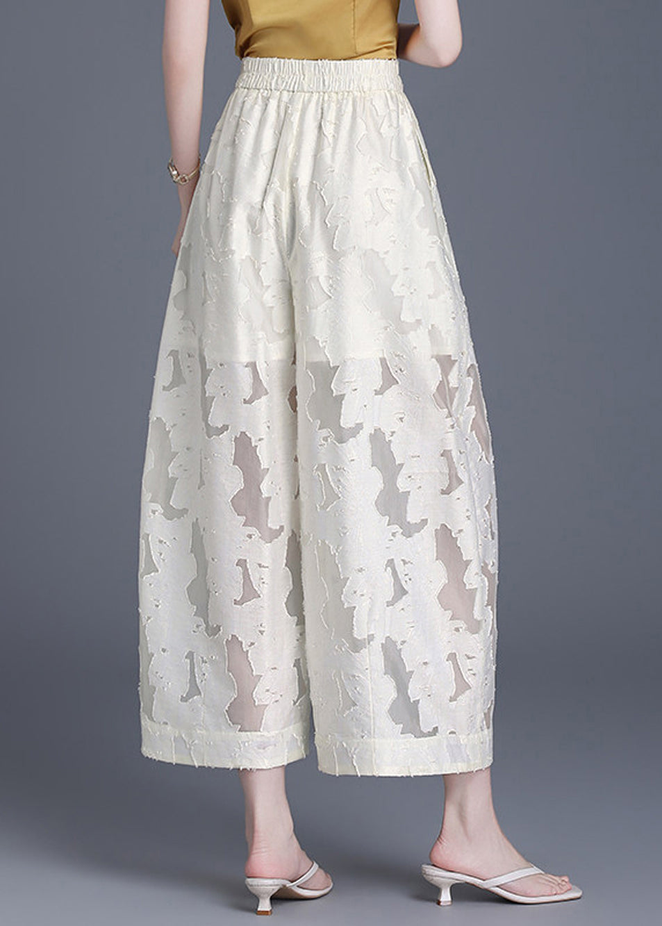 Chinese Style Beige Hollow Out Wide Leg Crop Pants Summer