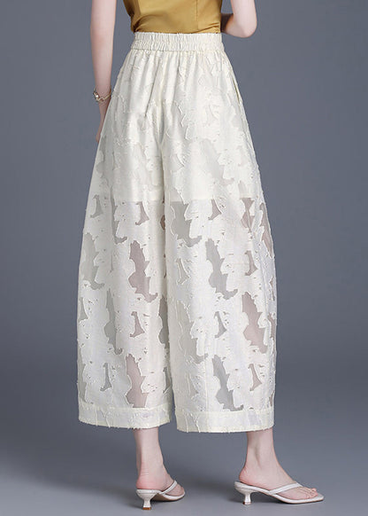 Chinese Style Beige Hollow Out Wide Leg Crop Pants Summer