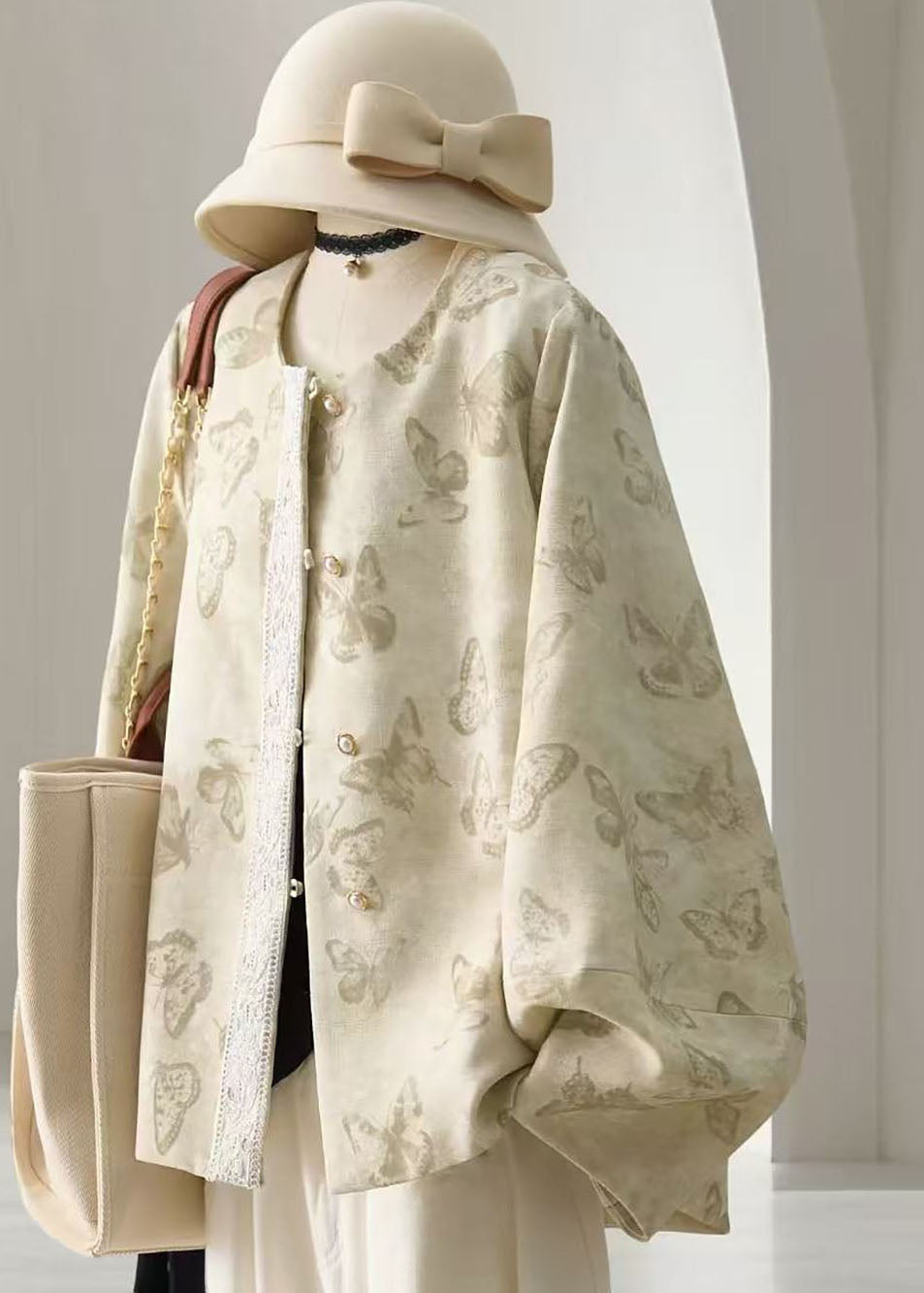Chinese Style Beige O-Neck Butterfly Print Lace Patchwork Short Coat Fall