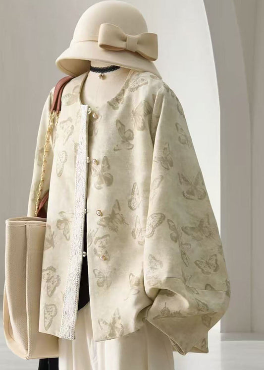 Chinese Style Beige O-Neck Butterfly Print Lace Patchwork Short Coat Fall