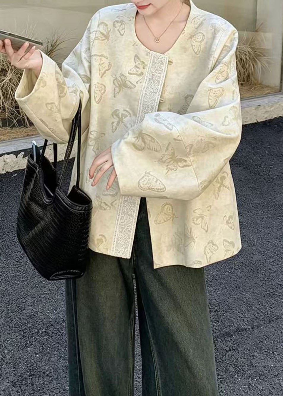 Chinese Style Beige O-Neck Butterfly Print Lace Patchwork Short Coat Fall